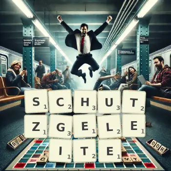Kreative Illustration für ein Scrabble-Spiel, bei dem das Wort SCHUTZGELEITE mit Steinen auf dem Brett gelegt wurde.