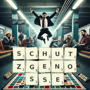 Kreative Illustration für ein Scrabble-Spiel, bei dem das Wort SCHUTZGENOSSE mit Steinen auf dem Brett gelegt wurde.
