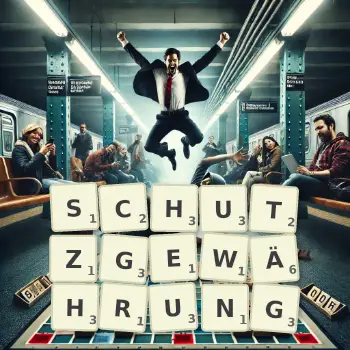 Kreative Illustration für ein Scrabble-Spiel, bei dem das Wort SCHUTZGEWÄHRUNG mit Steinen auf dem Brett gelegt wurde.