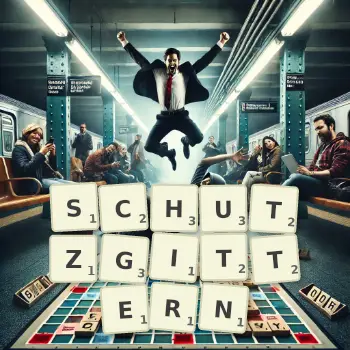 Kreative Illustration für ein Scrabble-Spiel, bei dem das Wort SCHUTZGITTERN mit Steinen auf dem Brett gelegt wurde.