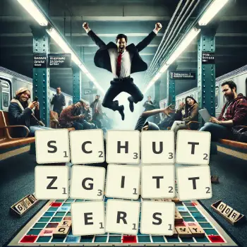 Kreative Illustration für ein Scrabble-Spiel, bei dem das Wort SCHUTZGITTERS mit Steinen auf dem Brett gelegt wurde.