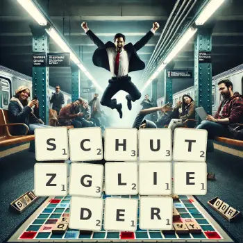 Kreative Illustration für ein Scrabble-Spiel, bei dem das Wort SCHUTZGLIEDER mit Steinen auf dem Brett gelegt wurde.