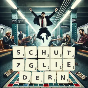 Kreative Illustration für ein Scrabble-Spiel, bei dem das Wort SCHUTZGLIEDERN mit Steinen auf dem Brett gelegt wurde.