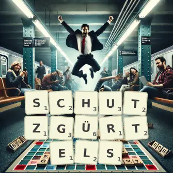 Kreative Illustration für ein Scrabble-Spiel, bei dem das Wort SCHUTZGÜRTELS mit Steinen auf dem Brett gelegt wurde.