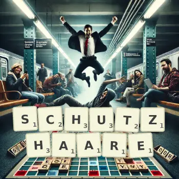 Kreative Illustration für ein Scrabble-Spiel, bei dem das Wort SCHUTZHAARE mit Steinen auf dem Brett gelegt wurde.
