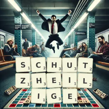 Kreative Illustration für ein Scrabble-Spiel, bei dem das Wort SCHUTZHEILIGE mit Steinen auf dem Brett gelegt wurde.