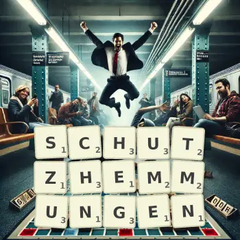 Kreative Illustration für ein Scrabble-Spiel, bei dem das Wort SCHUTZHEMMUNGEN mit Steinen auf dem Brett gelegt wurde.