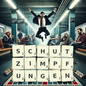 Kreative Illustration für ein Scrabble-Spiel, bei dem das Wort SCHUTZIMPFUNGEN mit Steinen auf dem Brett gelegt wurde.