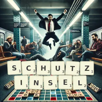 Kreative Illustration für ein Scrabble-Spiel, bei dem das Wort SCHUTZINSEL mit Steinen auf dem Brett gelegt wurde.