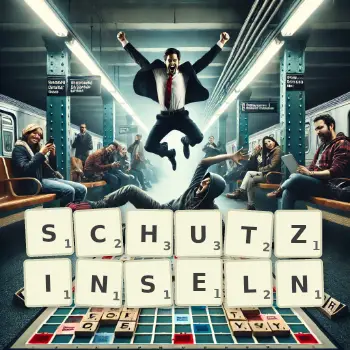 Kreative Illustration für ein Scrabble-Spiel, bei dem das Wort SCHUTZINSELN mit Steinen auf dem Brett gelegt wurde.