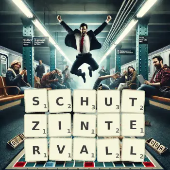 Kreative Illustration für ein Scrabble-Spiel, bei dem das Wort SCHUTZINTERVALL mit Steinen auf dem Brett gelegt wurde.