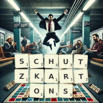Kreative Illustration für ein Scrabble-Spiel, bei dem das Wort SCHUTZKARTONS mit Steinen auf dem Brett gelegt wurde.