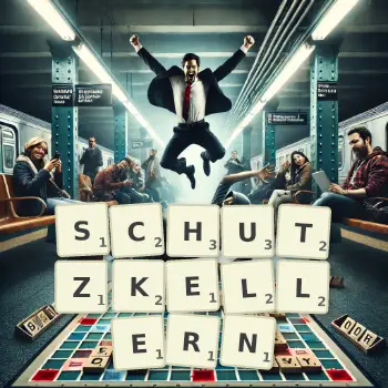Kreative Illustration für ein Scrabble-Spiel, bei dem das Wort SCHUTZKELLERN mit Steinen auf dem Brett gelegt wurde.