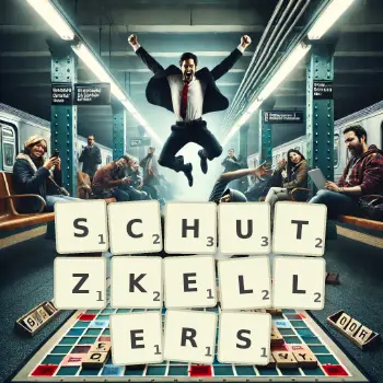 Kreative Illustration für ein Scrabble-Spiel, bei dem das Wort SCHUTZKELLERS mit Steinen auf dem Brett gelegt wurde.