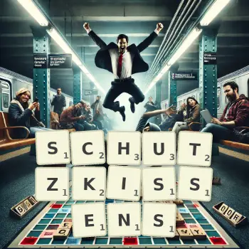 Kreative Illustration für ein Scrabble-Spiel, bei dem das Wort SCHUTZKISSENS mit Steinen auf dem Brett gelegt wurde.