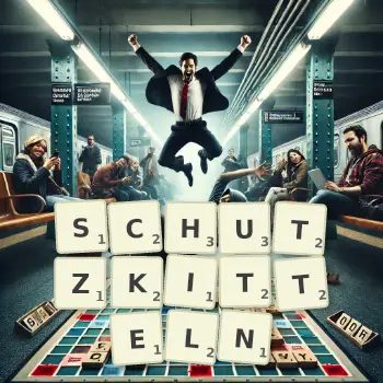 Kreative Illustration für ein Scrabble-Spiel, bei dem das Wort SCHUTZKITTELN mit Steinen auf dem Brett gelegt wurde.