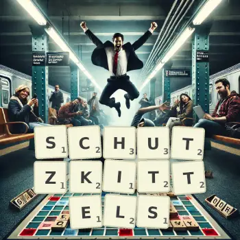 Kreative Illustration für ein Scrabble-Spiel, bei dem das Wort SCHUTZKITTELS mit Steinen auf dem Brett gelegt wurde.