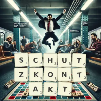 Kreative Illustration für ein Scrabble-Spiel, bei dem das Wort SCHUTZKONTAKT mit Steinen auf dem Brett gelegt wurde.