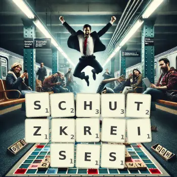 Kreative Illustration für ein Scrabble-Spiel, bei dem das Wort SCHUTZKREISES mit Steinen auf dem Brett gelegt wurde.