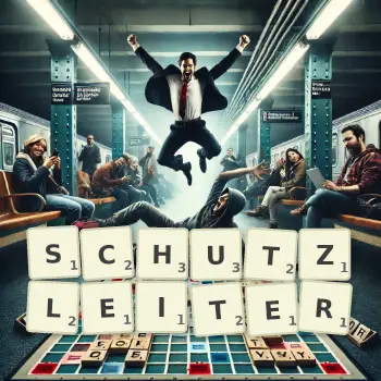 Kreative Illustration für ein Scrabble-Spiel, bei dem das Wort SCHUTZLEITER mit Steinen auf dem Brett gelegt wurde.