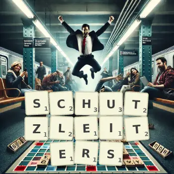 Kreative Illustration für ein Scrabble-Spiel, bei dem das Wort SCHUTZLEITERS mit Steinen auf dem Brett gelegt wurde.