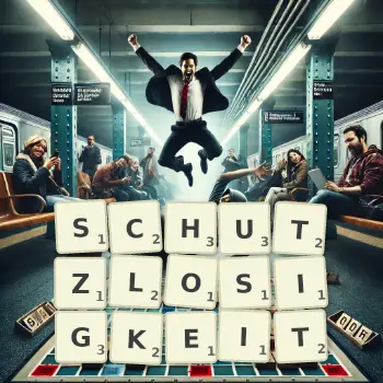 Kreative Illustration für ein Scrabble-Spiel, bei dem das Wort SCHUTZLOSIGKEIT mit Steinen auf dem Brett gelegt wurde.