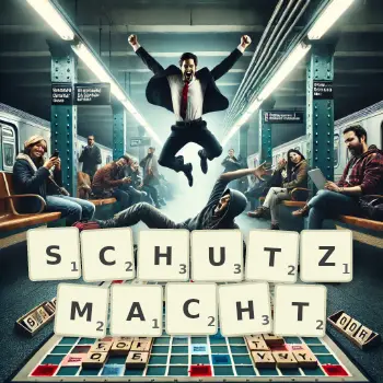 Kreative Illustration für ein Scrabble-Spiel, bei dem das Wort SCHUTZMACHT mit Steinen auf dem Brett gelegt wurde.