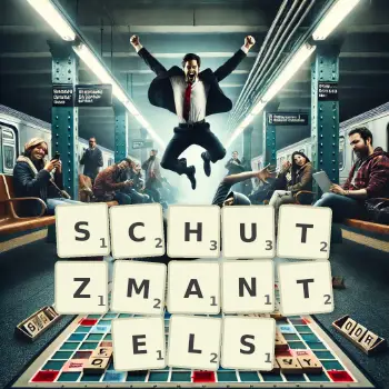 Kreative Illustration für ein Scrabble-Spiel, bei dem das Wort SCHUTZMANTELS mit Steinen auf dem Brett gelegt wurde.