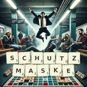 Kreative Illustration für ein Scrabble-Spiel, bei dem das Wort SCHUTZMASKE mit Steinen auf dem Brett gelegt wurde.
