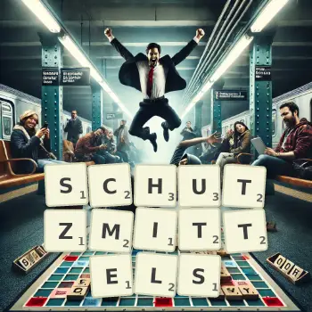 Kreative Illustration für ein Scrabble-Spiel, bei dem das Wort SCHUTZMITTELS mit Steinen auf dem Brett gelegt wurde.