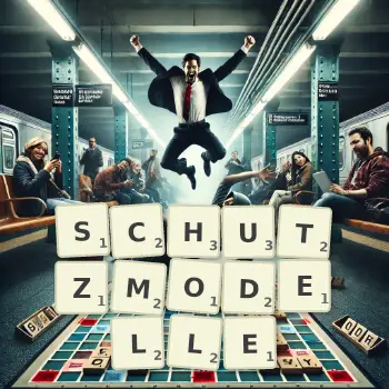 Kreative Illustration für ein Scrabble-Spiel, bei dem das Wort SCHUTZMODELLE mit Steinen auf dem Brett gelegt wurde.