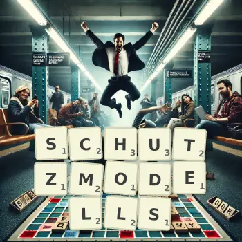 Kreative Illustration für ein Scrabble-Spiel, bei dem das Wort SCHUTZMODELLS mit Steinen auf dem Brett gelegt wurde.