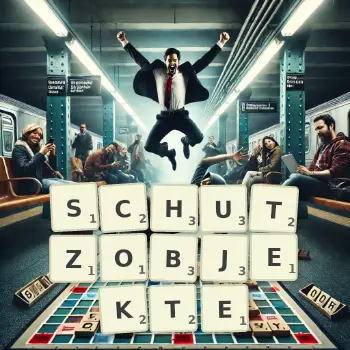 Kreative Illustration für ein Scrabble-Spiel, bei dem das Wort SCHUTZOBJEKTE mit Steinen auf dem Brett gelegt wurde.
