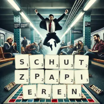 Kreative Illustration für ein Scrabble-Spiel, bei dem das Wort SCHUTZPAPIEREN mit Steinen auf dem Brett gelegt wurde.
