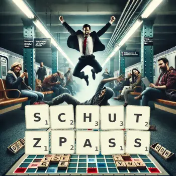 Kreative Illustration für ein Scrabble-Spiel, bei dem das Wort SCHUTZPASS mit Steinen auf dem Brett gelegt wurde.
