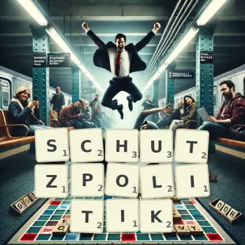 Kreative Illustration für ein Scrabble-Spiel, bei dem das Wort SCHUTZPOLITIK mit Steinen auf dem Brett gelegt wurde.