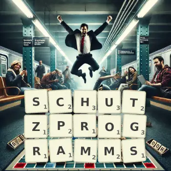 Kreative Illustration für ein Scrabble-Spiel, bei dem das Wort SCHUTZPROGRAMMS mit Steinen auf dem Brett gelegt wurde.