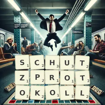 Kreative Illustration für ein Scrabble-Spiel, bei dem das Wort SCHUTZPROTOKOLL mit Steinen auf dem Brett gelegt wurde.