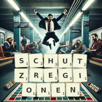 Kreative Illustration für ein Scrabble-Spiel, bei dem das Wort SCHUTZREGIONEN mit Steinen auf dem Brett gelegt wurde.