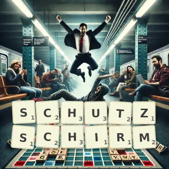 Kreative Illustration für ein Scrabble-Spiel, bei dem das Wort SCHUTZSCHIRM mit Steinen auf dem Brett gelegt wurde.
