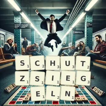 Kreative Illustration für ein Scrabble-Spiel, bei dem das Wort SCHUTZSIEGELN mit Steinen auf dem Brett gelegt wurde.