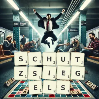 Kreative Illustration für ein Scrabble-Spiel, bei dem das Wort SCHUTZSIEGELS mit Steinen auf dem Brett gelegt wurde.