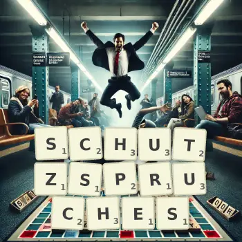 Kreative Illustration für ein Scrabble-Spiel, bei dem das Wort SCHUTZSPRUCHES mit Steinen auf dem Brett gelegt wurde.