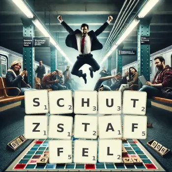 Kreative Illustration für ein Scrabble-Spiel, bei dem das Wort SCHUTZSTAFFEL mit Steinen auf dem Brett gelegt wurde.