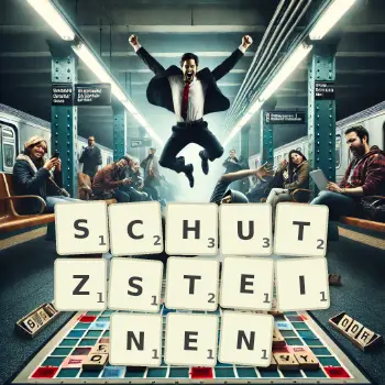 Kreative Illustration für ein Scrabble-Spiel, bei dem das Wort SCHUTZSTEINEN mit Steinen auf dem Brett gelegt wurde.