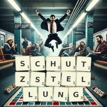 Kreative Illustration für ein Scrabble-Spiel, bei dem das Wort SCHUTZSTELLUNG mit Steinen auf dem Brett gelegt wurde.
