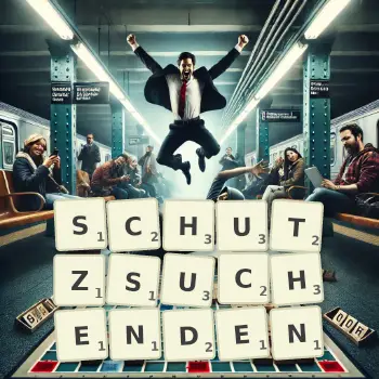 Kreative Illustration für ein Scrabble-Spiel, bei dem das Wort SCHUTZSUCHENDEN mit Steinen auf dem Brett gelegt wurde.