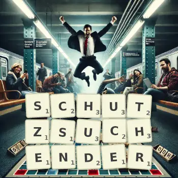 Kreative Illustration für ein Scrabble-Spiel, bei dem das Wort SCHUTZSUCHENDER mit Steinen auf dem Brett gelegt wurde.