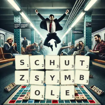 Kreative Illustration für ein Scrabble-Spiel, bei dem das Wort SCHUTZSYMBOLE mit Steinen auf dem Brett gelegt wurde.