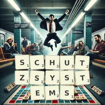 Kreative Illustration für ein Scrabble-Spiel, bei dem das Wort SCHUTZSYSTEMS mit Steinen auf dem Brett gelegt wurde.